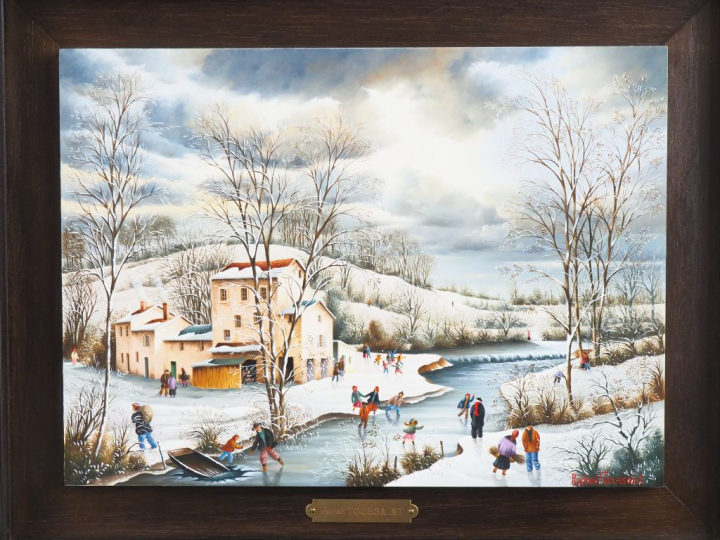 Raphaël TOUSSAINT. "Paysage d'hiver" Huile sur panneau, signée en bas 
