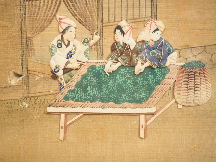 Japon, vers 1900,  Une tenture sur soie contrecollée sur papier à déco