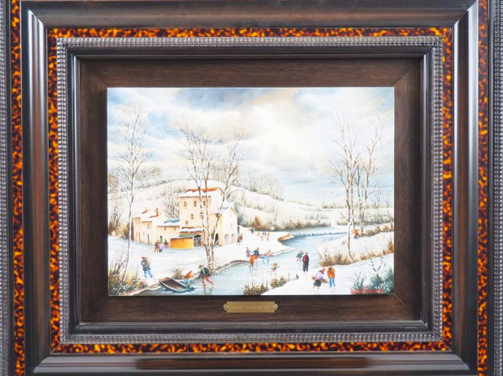 Raphaël TOUSSAINT. "Paysage d'hiver" Huile sur panneau, signée en bas 