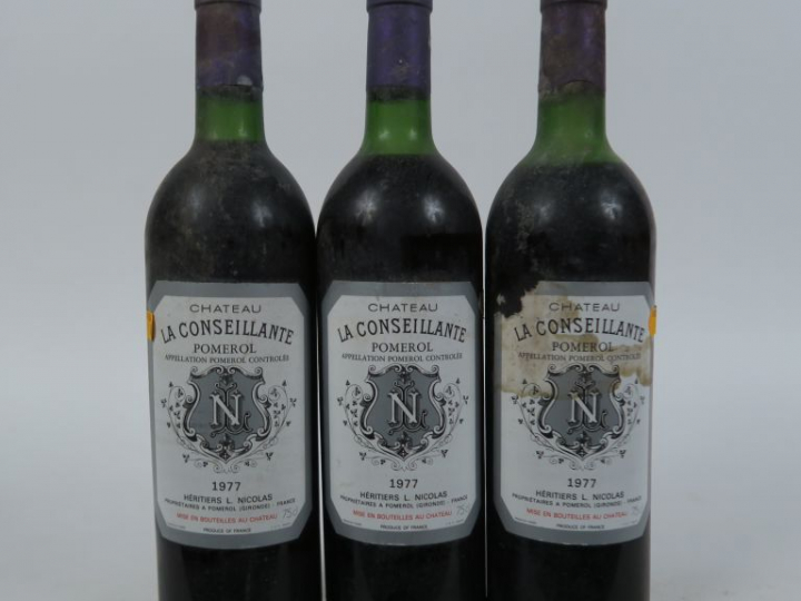 3 BOUTEILLES CHÂTEAU LA CONSEILLANTE POMEROL - 1977 - 1 LB/1 HEP/1 ETL