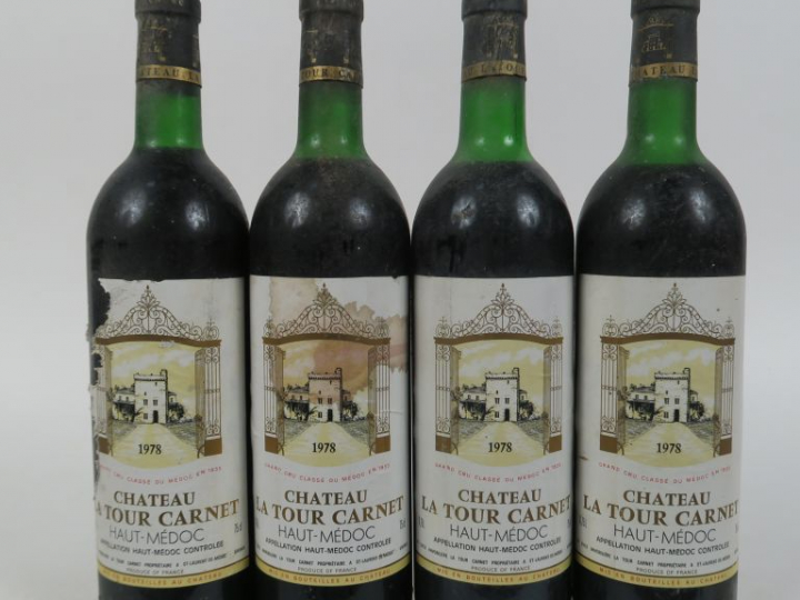 4 BOUTEILLES CHÂTEAU LA TOUR CARNET HAUT MEDOC - 1978 - 2 LB/1 HEP/1 E