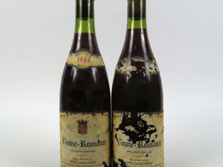 2 BOUTEILLES VOSNE ROMANEE OREL MARCHAND - 1988 - 1 PRESUMEE - 2,5 CM/