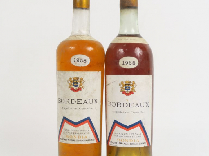 2 BOUTEILLES BORDEAUX MONDIA - 1958 - 1 BG/1 LB/ELA