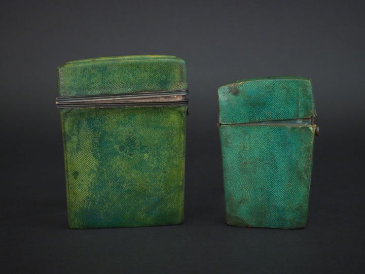 2 différents étuis rectangulaires XIXème en galuchat vert, monture en 