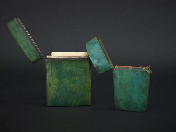 2 différents étuis rectangulaires XIXème en galuchat vert, monture en 