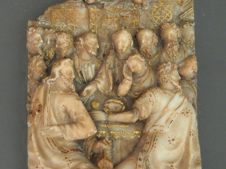 Plaque en albâtre XVIème "le Christ et les apôtres", rehauts de dorure