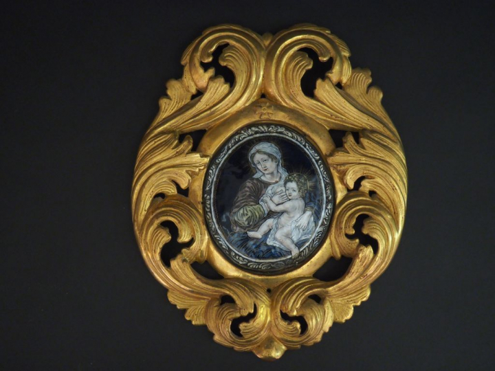 Plaque en émail de Limoges XVIIème "Vierge à l'enfant" dans un cadre p