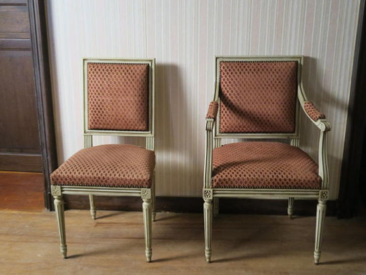 Mobilier de salon de style Louis XVI en bois laqué, garniture de velou