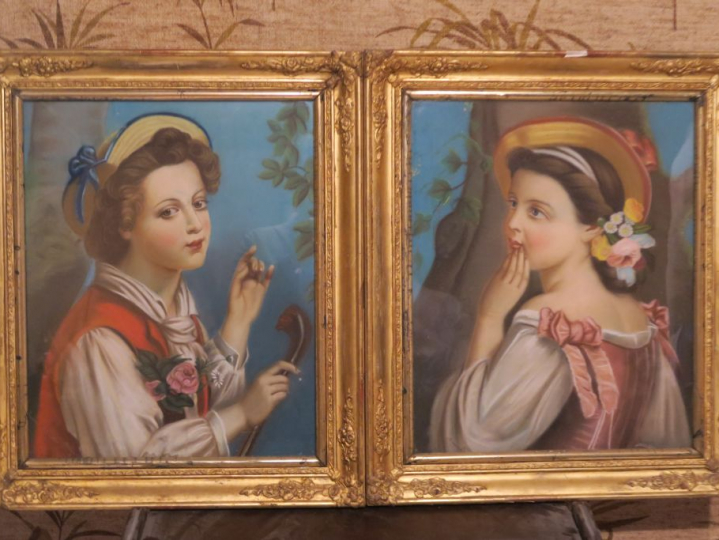 LOURLON. "Portraits de jeunes élégants". Paire de Pastels signés en ba