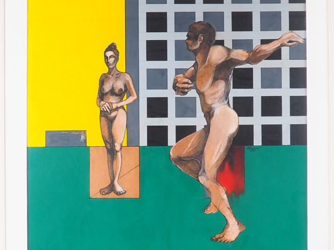 M. COURANO.  "Couple dans un paysage abstrait" . Huile sur carton, sig