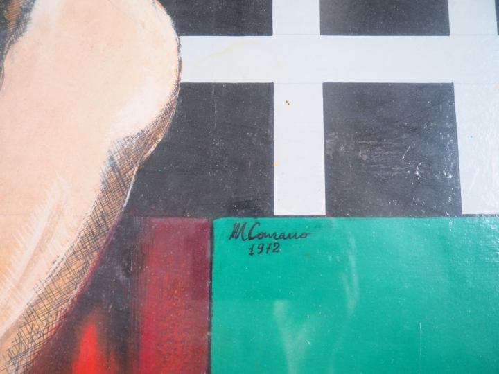 M. COURANO.  "Couple dans un paysage abstrait" . Huile sur carton, sig