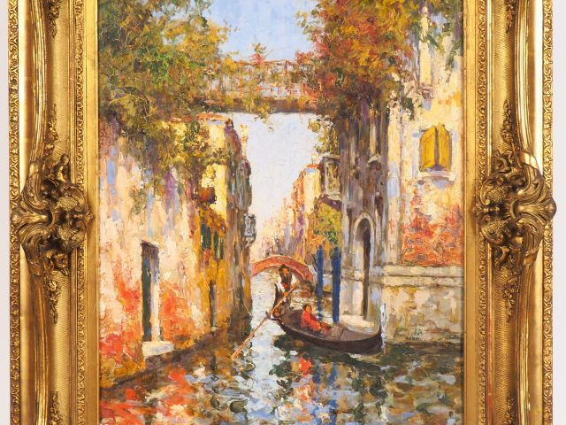 Charles COUSIN.  "Canal à Venise". Huile sur toile, signée en bas à dr
