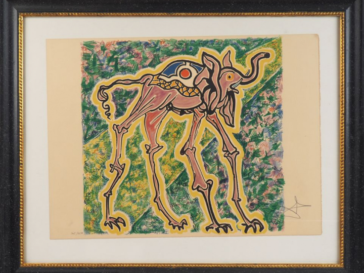 Salvador DALI.  "L'éléphant rose" Lithographie en couleurs signée, num