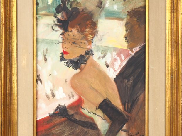 Jean Gabriel DOMERGUE. "la loge" Huile sur panneau, signée en bas à dr