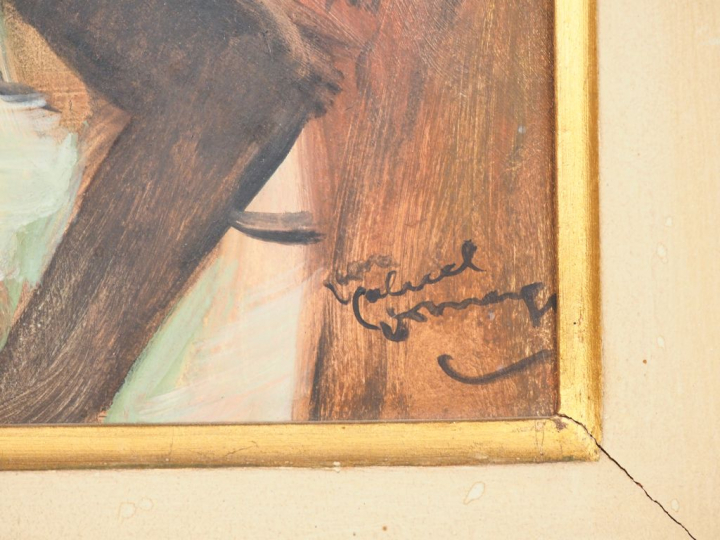 Jean Gabriel DOMERGUE. "la loge" Huile sur panneau, signée en bas à dr