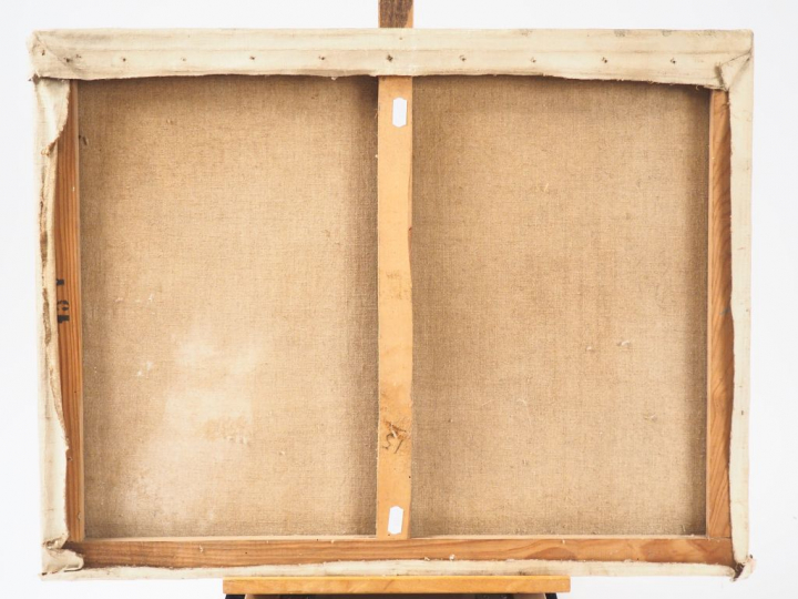 Léon GALAND. "nue à l'éventail". Huile sur toile, signée en bas à droi