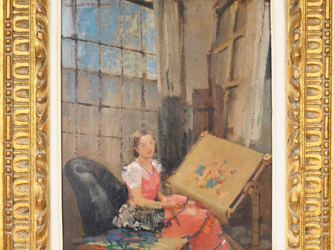 Lucien Victor GUIRAND DE SCEVOLA. "Brodeuse dans un interieur". Huile 