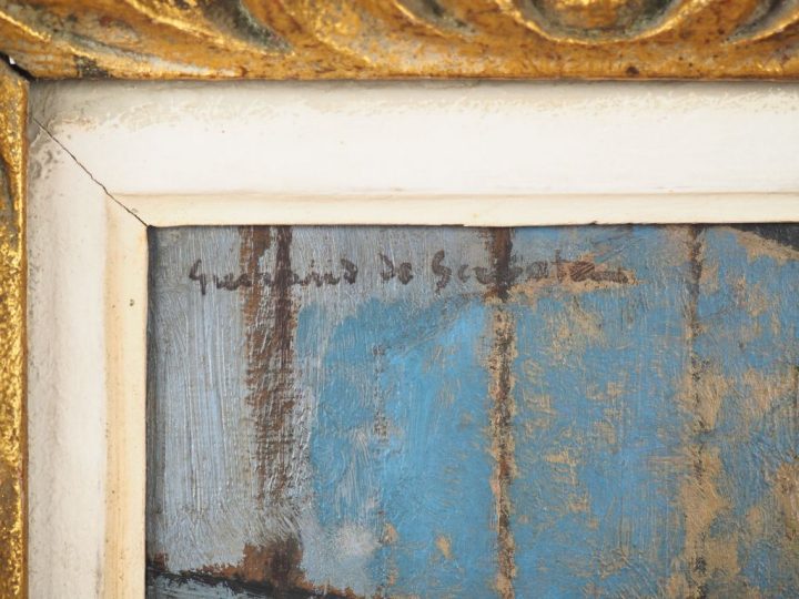 Lucien Victor GUIRAND DE SCEVOLA. "Brodeuse dans un interieur". Huile 