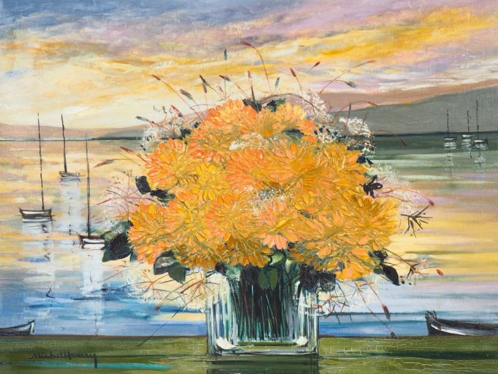 Michel HENRY. "Soucis d'or sur la mer". Huile sur toile, signée en bas