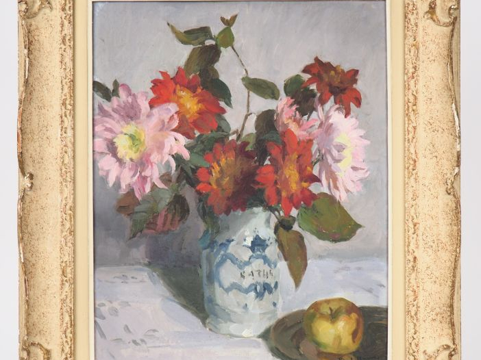 Paul Jean HUGUES. "Le bouquet de dahlias". Huile sur carton, signée en