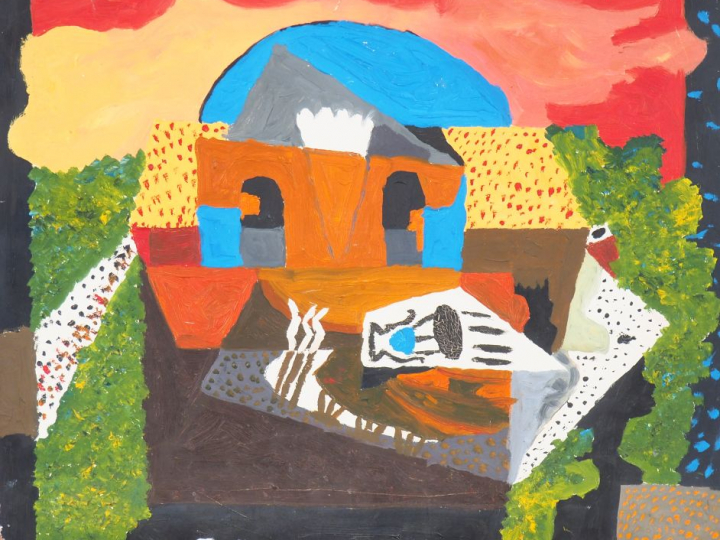 Robert JIRAN. "paysage cubiste" Huile sur carton, signée en bas à gauc