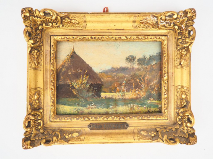 Paul LOUCHET.  "Meule de foin en été" Huile sur panneau, signée en bas