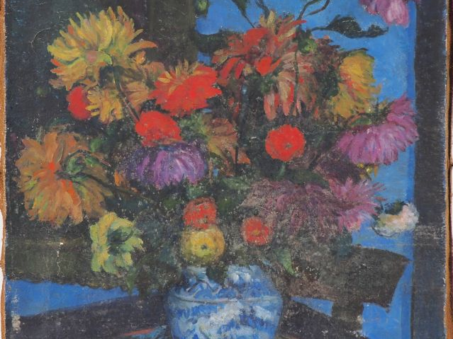 Lucien MAILLOL.  "Bouquet de fleurs dans un vase en faïence" Huile sur