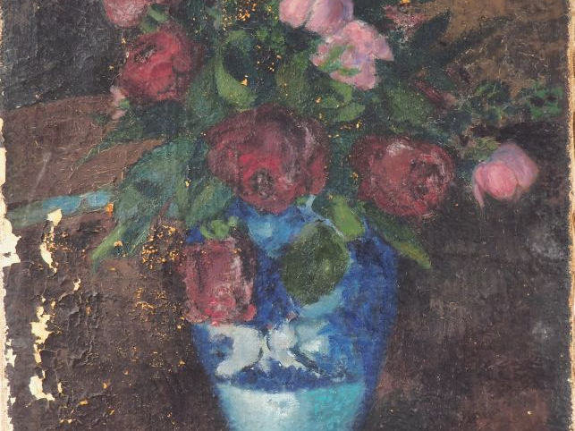 Lucien MAILLOL.  "Bouquet de roses dans un vase" Huile sur toile, sign