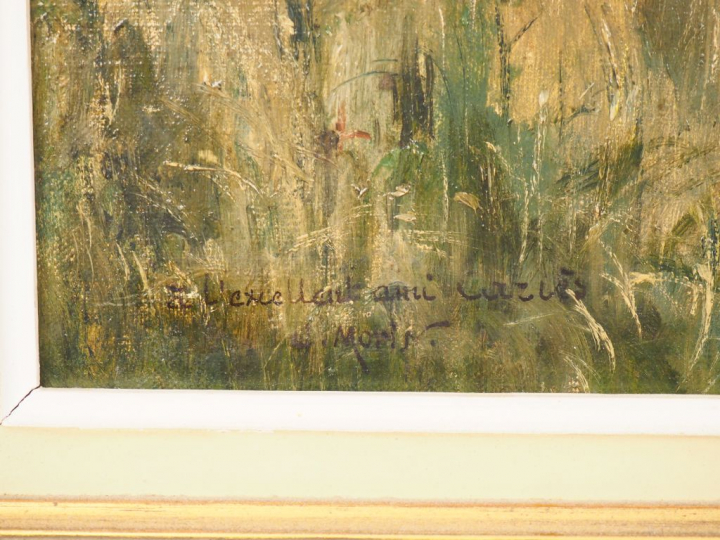 C. MORIS. "Chemin de campagne". Huile sur toile, signée et dédicacée e