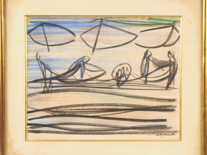 Willy MUCHA.  "Barques et pêcheurs" Dessin, signé en bas à droite. Dim