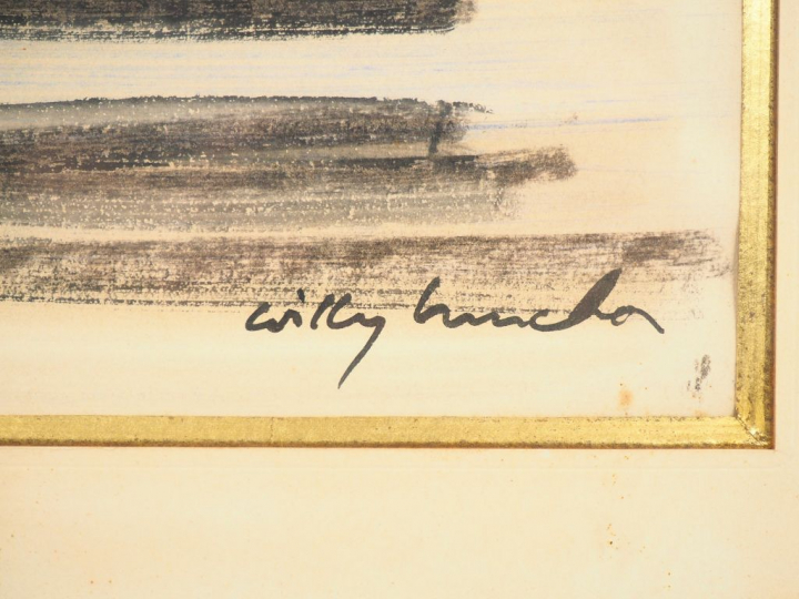 Willy MUCHA.  "Barques et pêcheurs" Dessin, signé en bas à droite. Dim