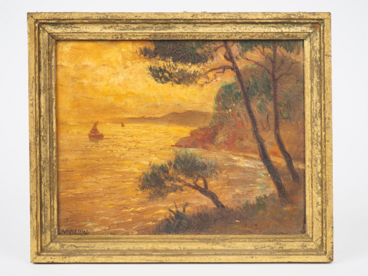 NERLOW. "Bord de mer au coucher de soleil" Huile sur carton, signée en