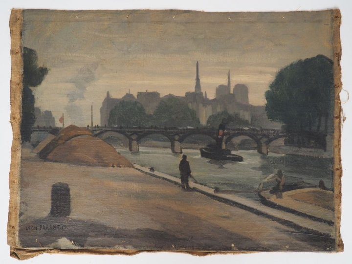 Léon PARENT. "les quais de Seine à Paris" Huile sur toile, signée en b