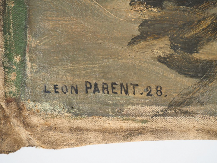 Léon PARENT. "bateaux à quai" Huile sur toile, signée en bas à gauche 