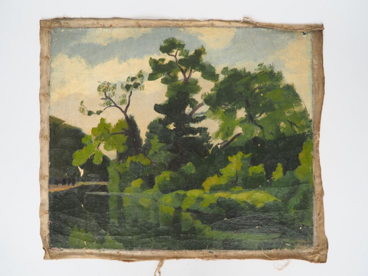 Léon PARENT. "paysage lacustre" Huile sur toile, signée en bas à droit