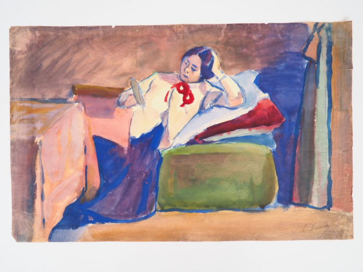 Léon PARENT. "jeune fille à la lecture" Aquarelle, signée en bas à dro