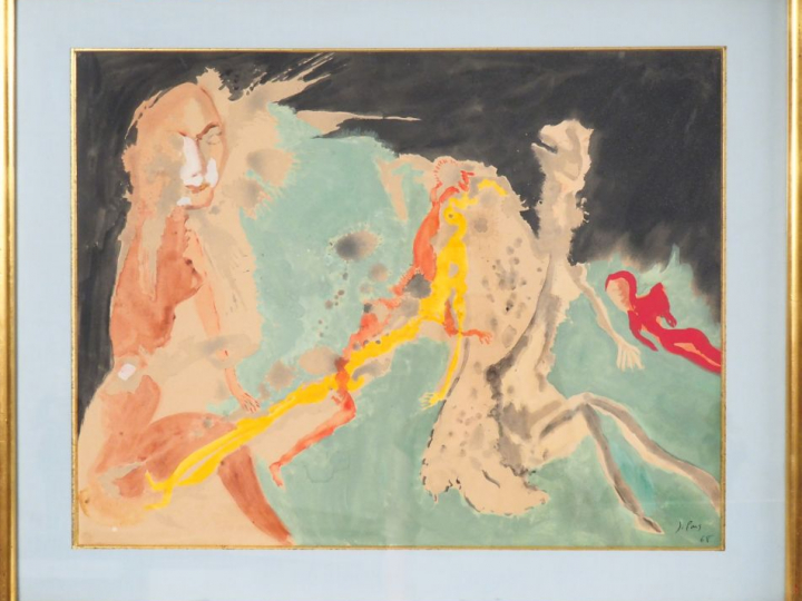 J. PONS. "personnages fantastiques" Aquarelle gouachée, signée en bas 