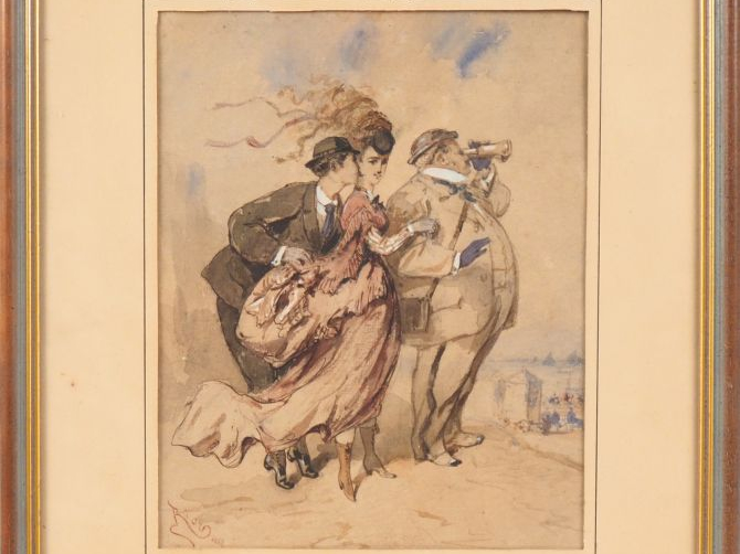 RIOU. "l'amant" Aquarelle, signée en bas à gauche et datée 1868 Dim. 2