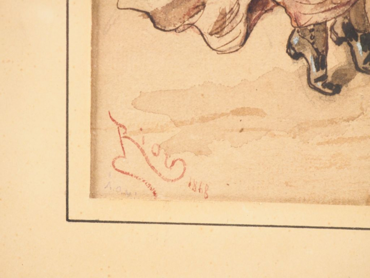 RIOU. "l'amant" Aquarelle, signée en bas à gauche et datée 1868 Dim. 2