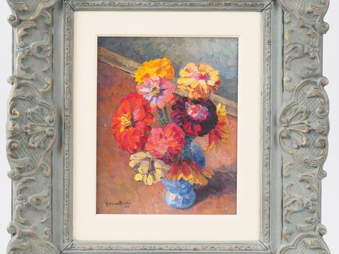 Hélène RIVIERE. "nature morte au bouquet de fleurs" Huile sur panneau,
