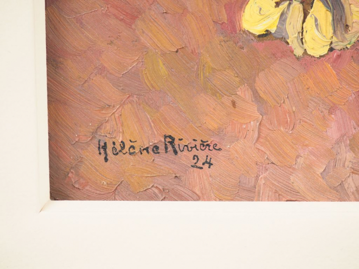 Hélène RIVIERE. "nature morte au bouquet de fleurs" Huile sur panneau,