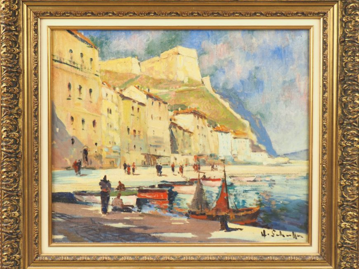 Henri Louis SCHAEFFER. "Le port de Bonifacio" Huile sur toile,signée e