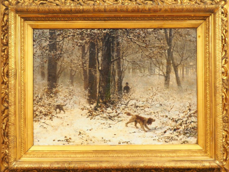 Vente aux enchères Henri VAN SEBEN. "Partie de chasse sous la neige". Huile sur toile, si