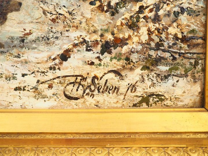 Henri VAN SEBEN. "Partie de chasse sous la neige". Huile sur toile, si