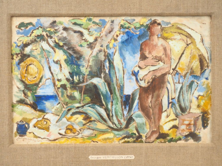 G. VENTRILLON. "Baigneuse" Gouache, signée en bas à gauche. Dim. 29 x 