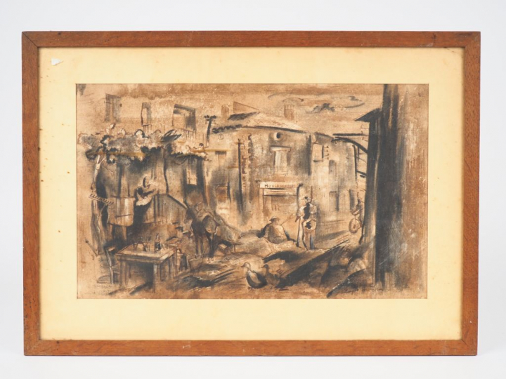 G. VENTRILLON.  "Village animé".  Dessin signé en bas à droite Dim. 26