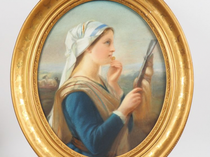 Ecole française XIXème. "jeune bergère" Pastel dans un cadre en médail