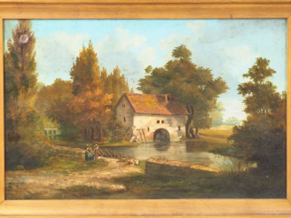 Vente aux enchères Ecole française XIXème. "paysage au moulin". Huile sur toile, signée e