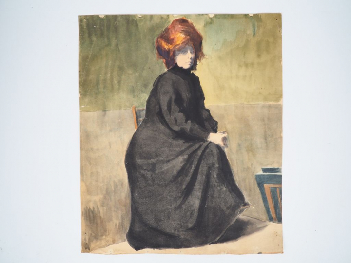 Ecole française XXème. "Portrait de femme à la robe noire". Aquarelle.