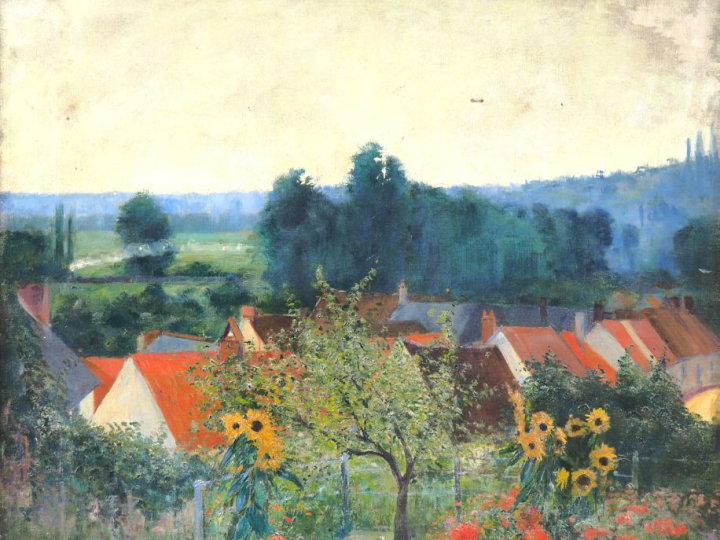 Ecole française début XXème. "Potager fleuri en bordure de village". H